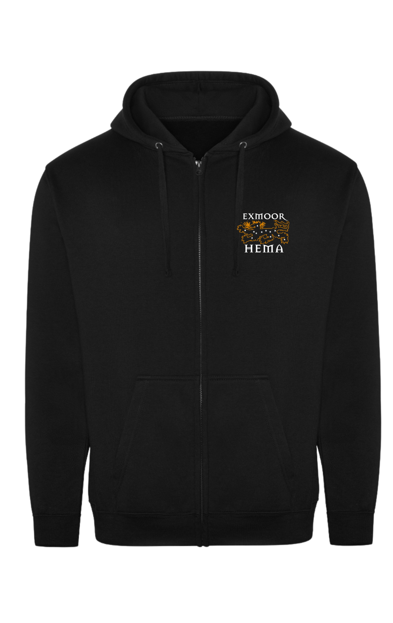 Black full zip hoodie with Exmoor Hema logo RX351