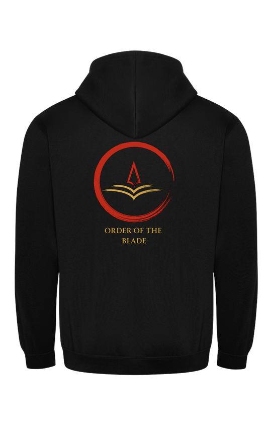 Black full zip hoodie with Order of the Blade logo RX351